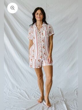 Lates by Kate Bamboo Gauze Women's Pink Floral Stripe Short Pajama Set